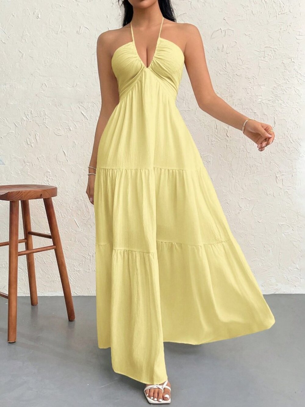 Yellow Sexy Women's Chiffon Halter Backless Dress With Tie Lace